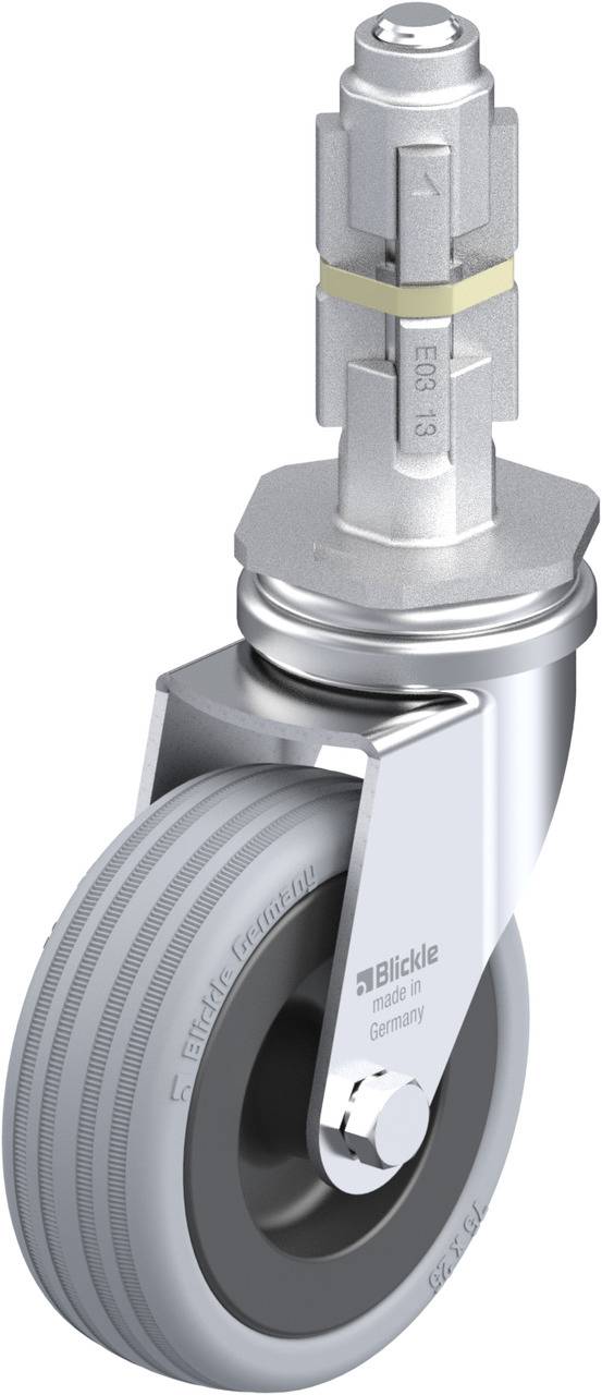 Grauer Lenkrad mit Metallgehäuse und Halterung, designed für industrielle Anwendungen. Markierung 'Blickle' auf Rad erkennbar.