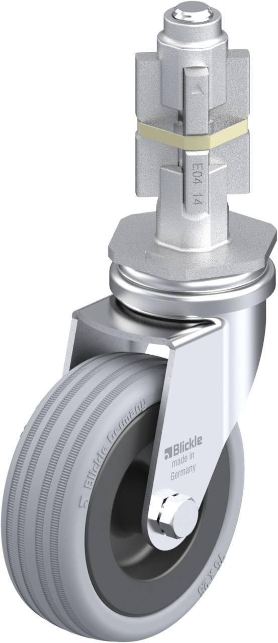 Ein schwenkbares Rad mit Metallgehäuse und Gummireifen, geeignet für Industriegeräte.