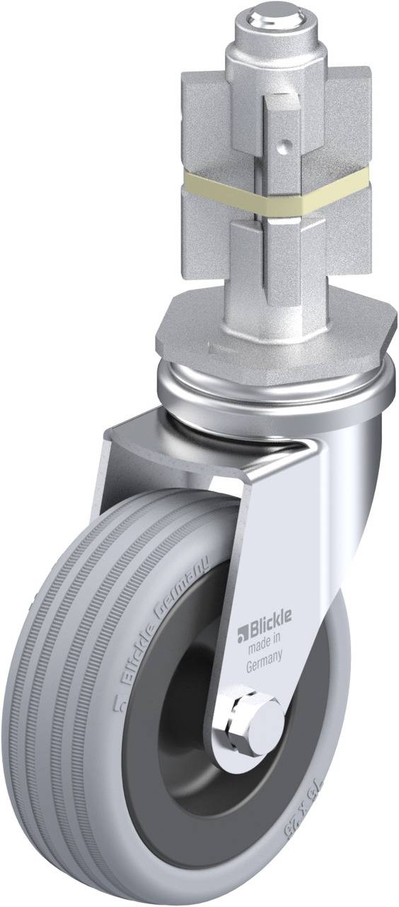 Ein silbernes Lenkrad mit grauer Gummibeschichtung. Die Aufschrift 'Blickle' ist auf der Reifenflanke sichtbar.