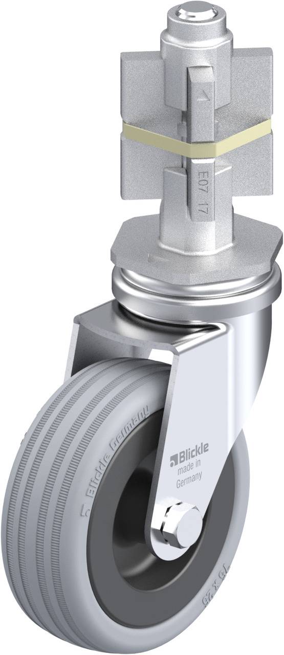 Industrie-Rolle mit metallischem Gehäuse und grauem Gummirad, Aufschrift 'Blickle'. Geeignet für schwere Lasten in Fabrikumgebungen.