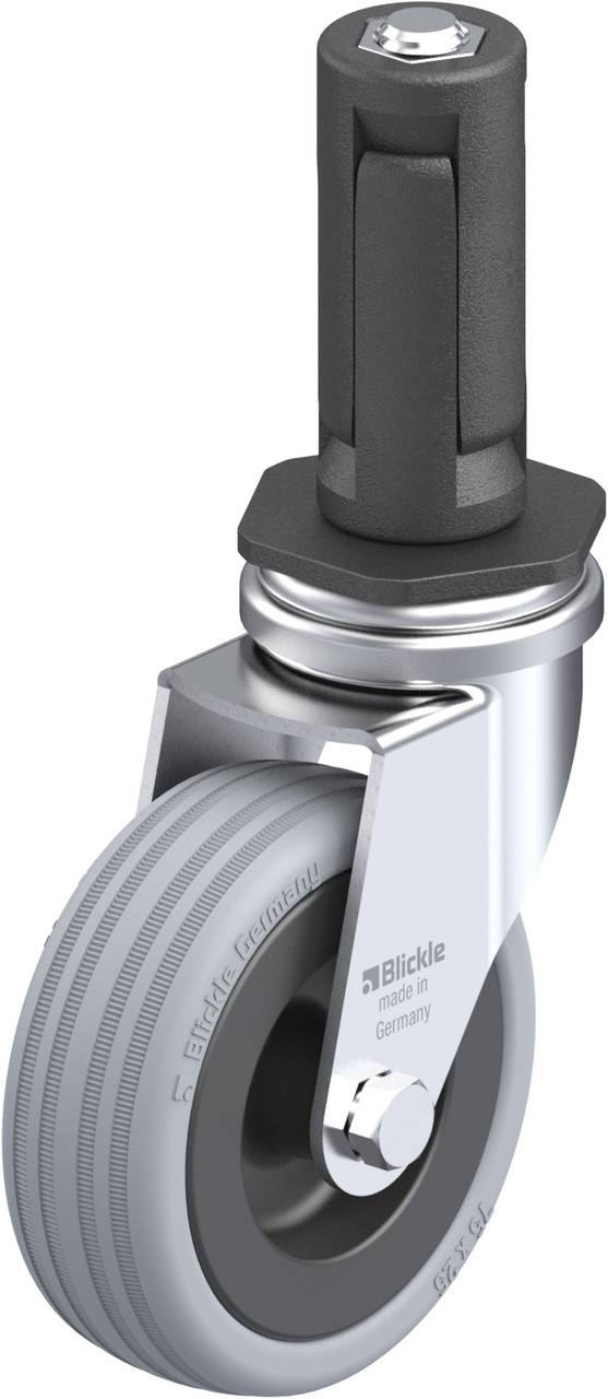 Schwenkrolle mit grauem Gummireifen und Metallscharnier, geeignet für den industriellen Einsatz. Hergestellt von Blicke in Deutschland.