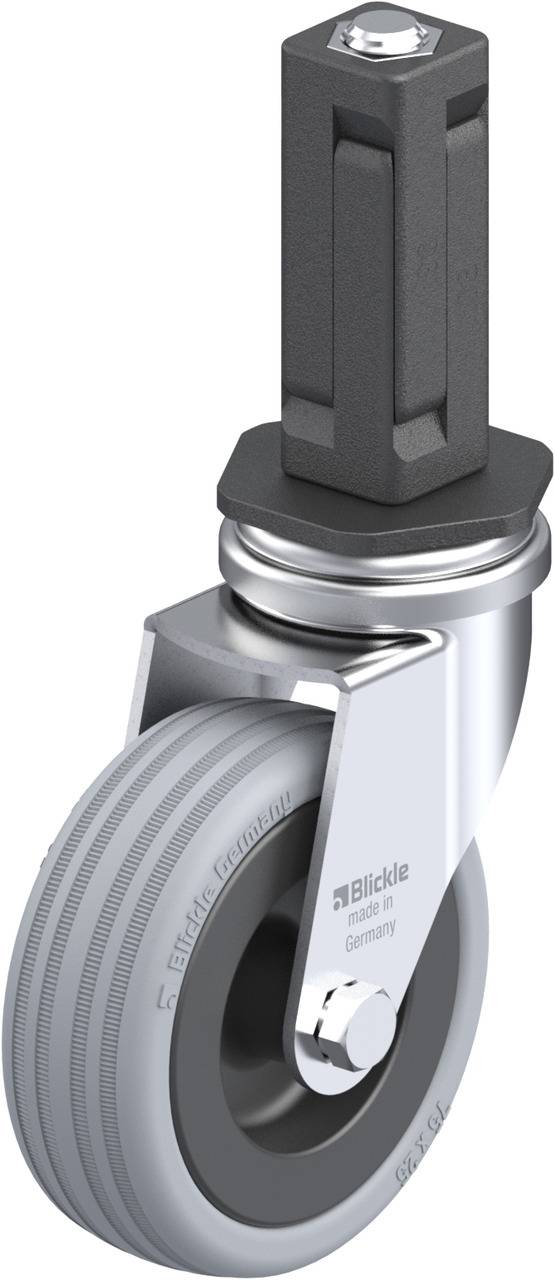 Eine graue Lenkrolle mit schwarzem Gehäuse, gefertigt von Blickle. Geeignet für industrielle Anwendungen mit Fokus auf Stabilität und Haltbarkeit.