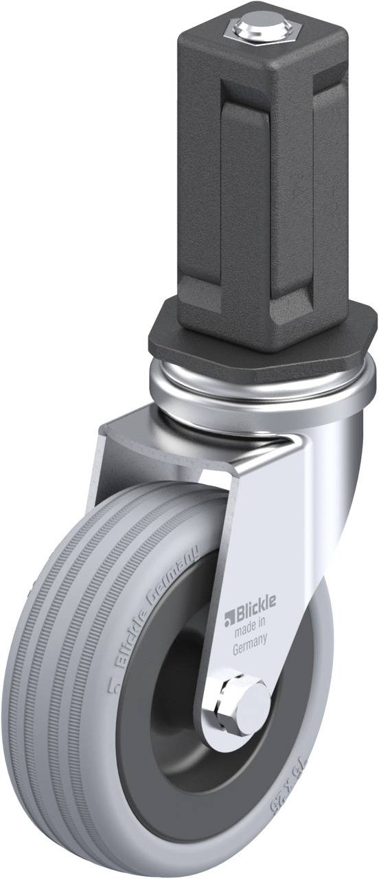 Schwenkrolle mit grauem Gummirad und Metallgehäuse, hergestellt von Blickle. Design für industriellen Einsatz.