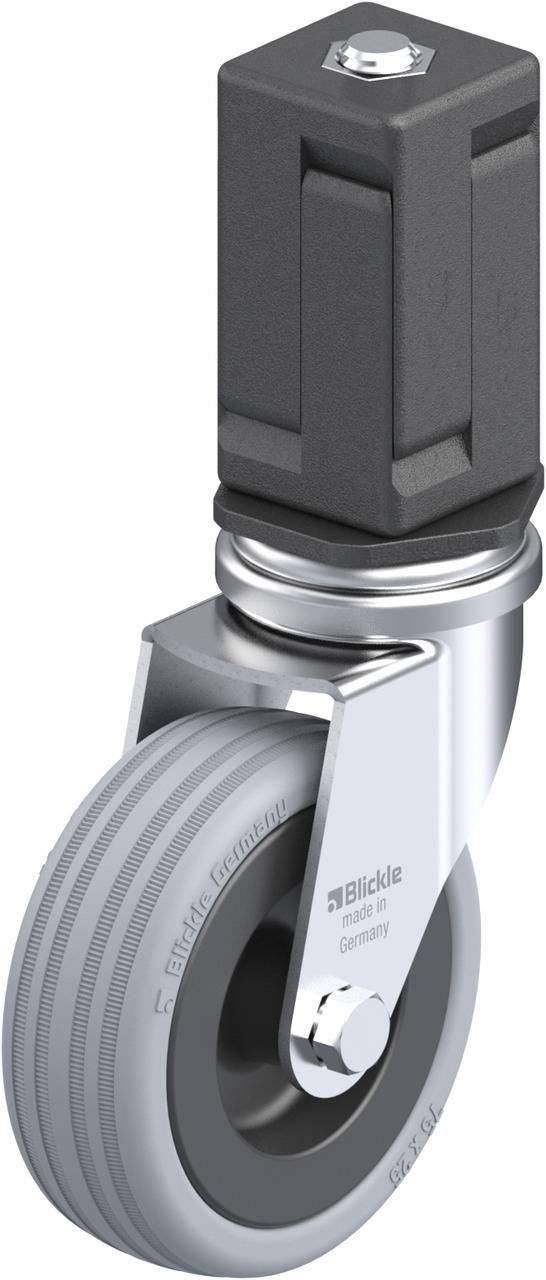 Ein graues Rad mit schwarzer Halterung und einer Metallhalterung, das typischerweise als Möbellenkrolle verwendet wird.