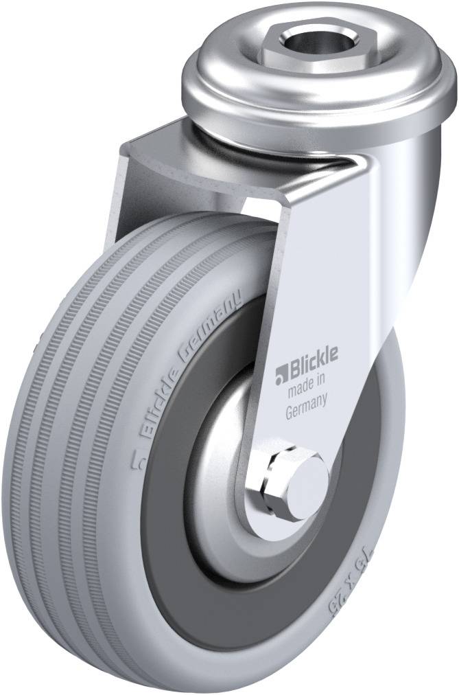 Eine graue Lenkrolle mit Metallgehäuse und Befestigungselement, geeignet für industrielle Anwendungen. Aufschrift 'made in Germany'.