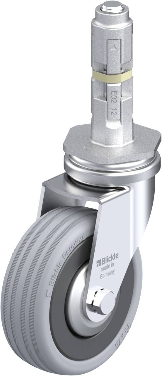 Ein Einzelrad mit grauer Lauffläche und silbernem Gehäuse, geeignet für Transportwagen oder Geräte. Im oberen Bereich ist eine graue Achse sichtbar.