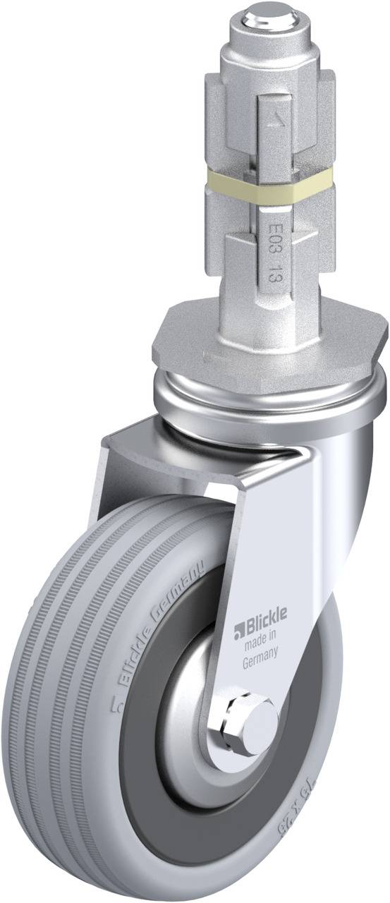 Schwenkrolle mit grauem Rad und silbernem Gehäuse, geeignet für den industriellen Einsatz. Radmarke 'Blickle Germany' sichtbar.
