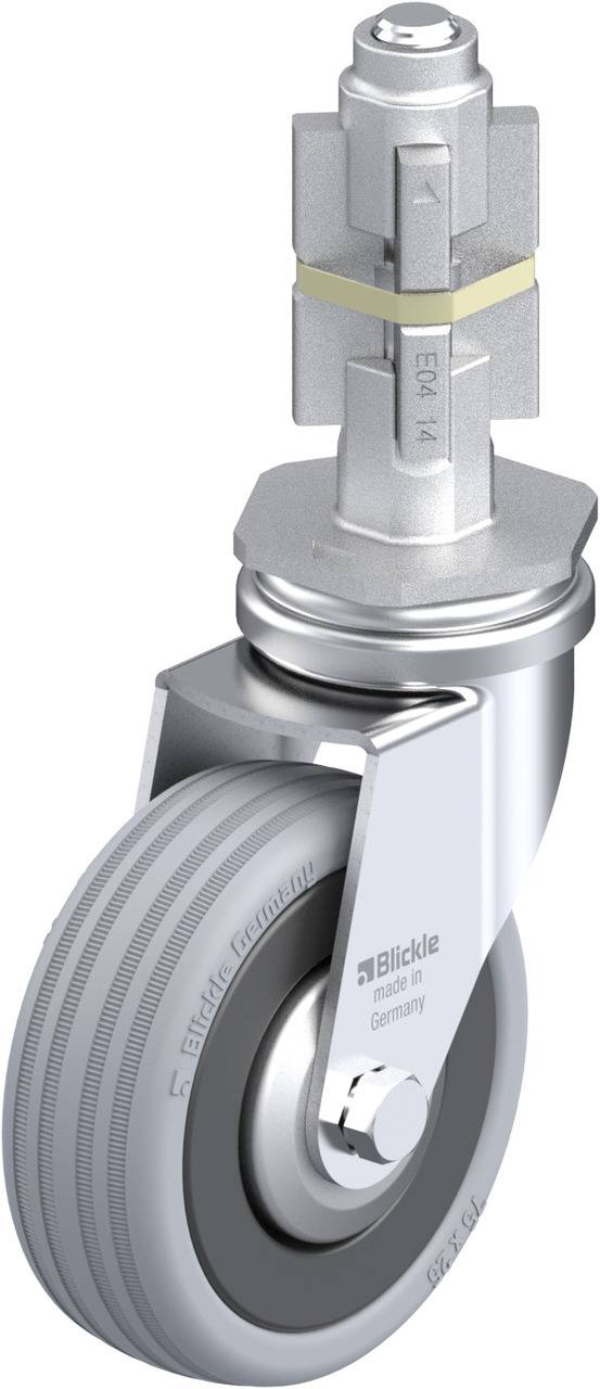 Industrierad von Blickle mit grauer Bereifung und metallischem Gehäuse, geeignet für schwere Lasten und verschiedene Bodenbeläge.