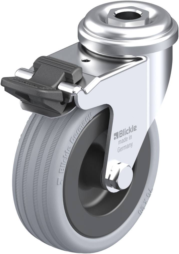 Metallrolle mit grauem Rad und Bremse, Aufschrift 'Blickle made in Germany'. Verwendung als Transport- oder Möbelrolle.