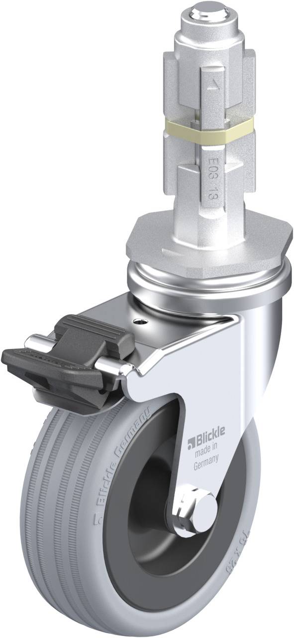 Drehbares Edelstahl-Rollenrad mit Feststellbremse und robustem Gehäuse von Blickle, geeignet für industrielle Anwendungen.