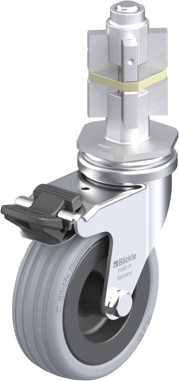 Drehbares Rollenrad mit grauer Lauffläche und Metallgehäuse, ausgestattet mit einer Bremse. Oben befindet sich eine Befestigungsvorrichtung.