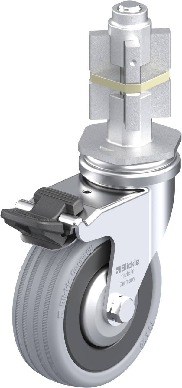 Schwenkrolle aus Metall mit hellgrauem Gummirad, seitlicher Bremse und Bolzen zur Befestigung. Geeignet für industrielle Anwendungen.