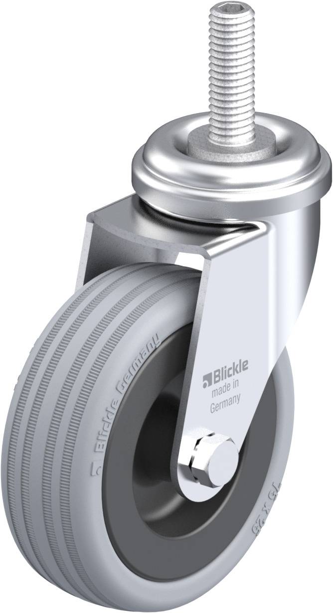 Schwenkrolle mit grauem Rad und silberner Halterung, Aufschrift 'Blickle made in Germany', geeignet für Möbel und Geräte.