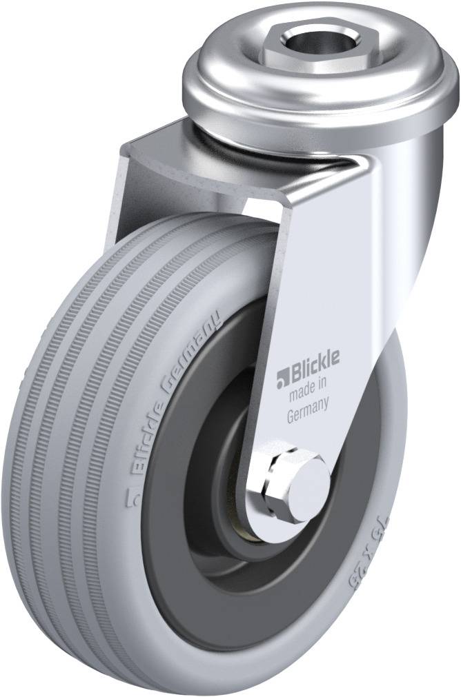 Industrie-Rolle mit grauem Rad aus Gummi, beweglich gelagert in einer Metallhalterung, geeignet für den Einsatz auf glatten Böden.