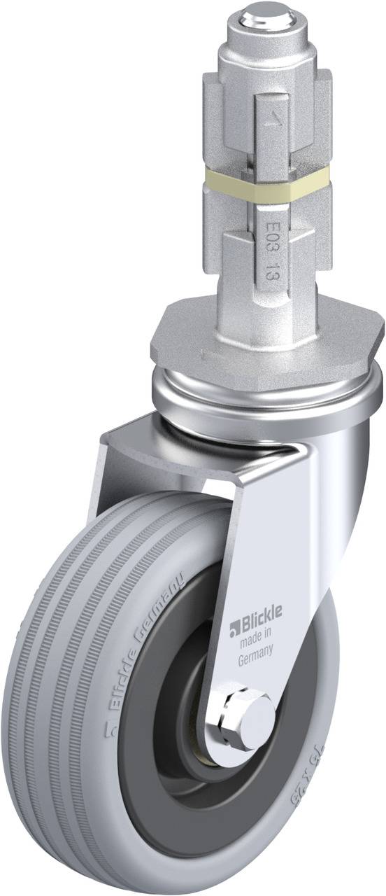 Graue Rolle mit Drehgelenk, befestigt an einem metallischen Halter. Text auf Rolle: 'Blickle', 'Germany'.