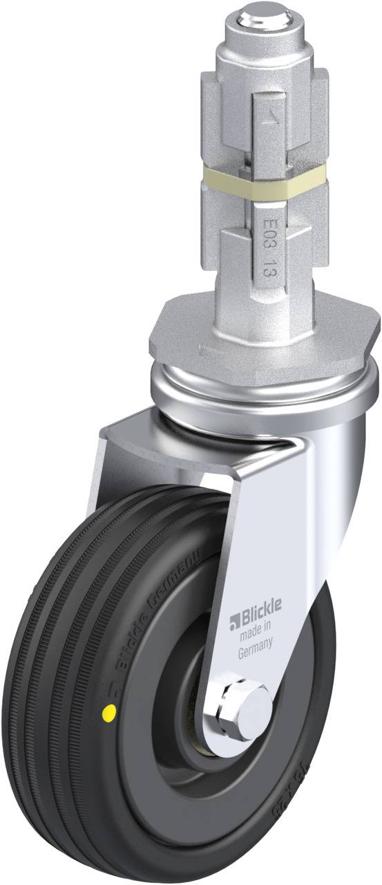 Schwenkrolle mit schwarzer Gummibereifung und hochwertiger Metallhalterung, geeignet für industrielle Anwendungen.