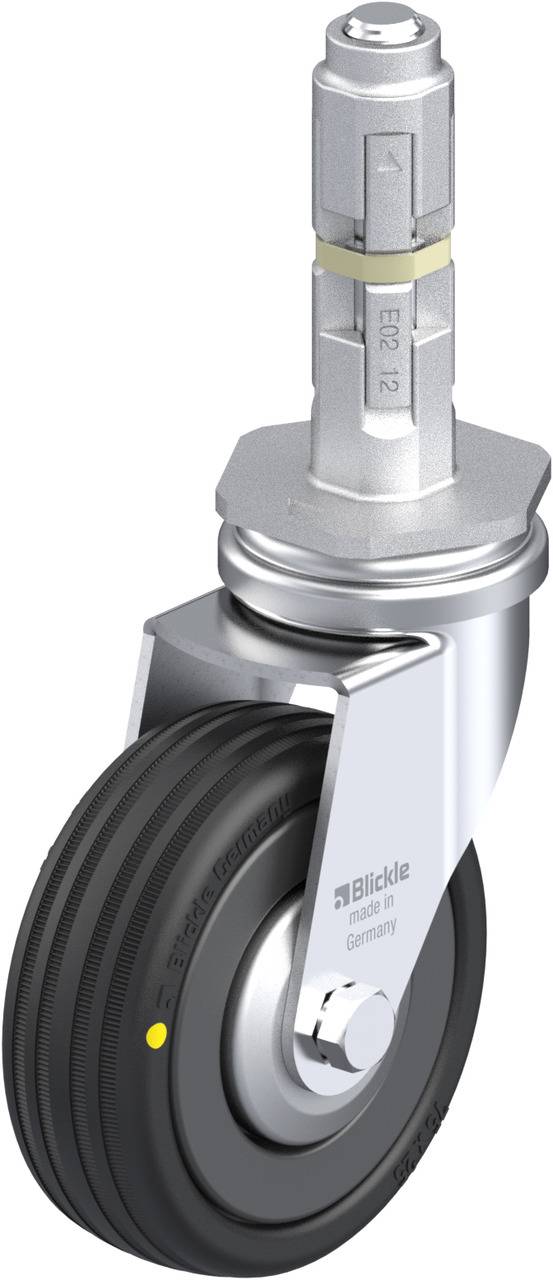 Metallisches Lenkrolle mit schwarzem Rad und Stift für die Montage. Geeignet für Möbel oder Transportgeräte. Markierung 'Blickle'.