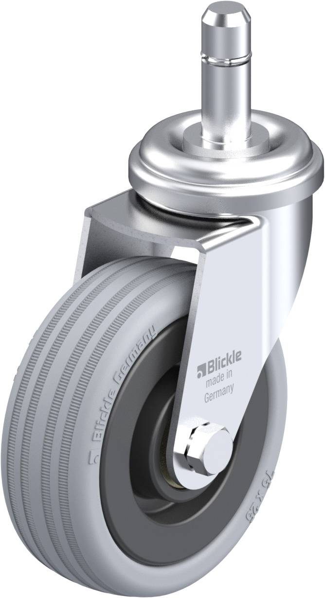 Schwenkrolle mit grauem Rad und silbernem Gehäuse, Aufschrift 'Blickle made in Germany' sichtbar, geeignet für industrielle Anwendungen.