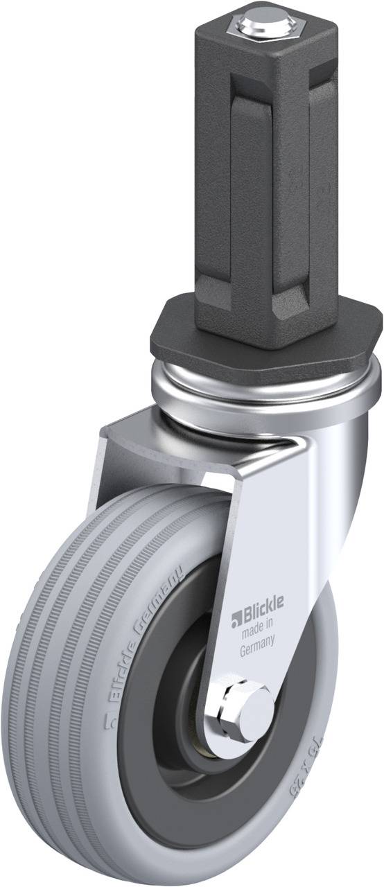Lenkrolle mit grauem Rad, metallischem Gehäuse und schwarzem Befestigungsstift. Marke 'Blickle', gefertigt in Deutschland.