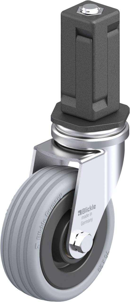 Industrie-Schwenkrolle mit grauem Rad und Befestigungsbolzen, geeignet für schwere Lasten und hohe Beanspruchung.