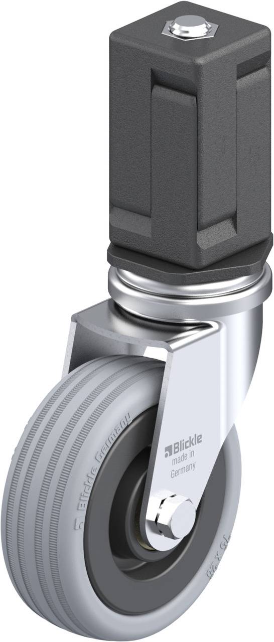 Schwenkrolle mit grauem Gummirad und metallischem Gehäuse, geeignet für schwere Lasten. Markierung links am Gehäuse: 'Blickle Germany'.