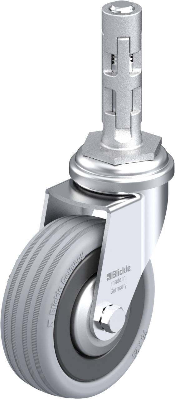 Drehbares Gehäuse mit einer grauen Rolle und rundem Bolzen. Rolle hat Rillenmuster für verbesserten Halt und ist als 'Made in Germany' gekennzeichnet.