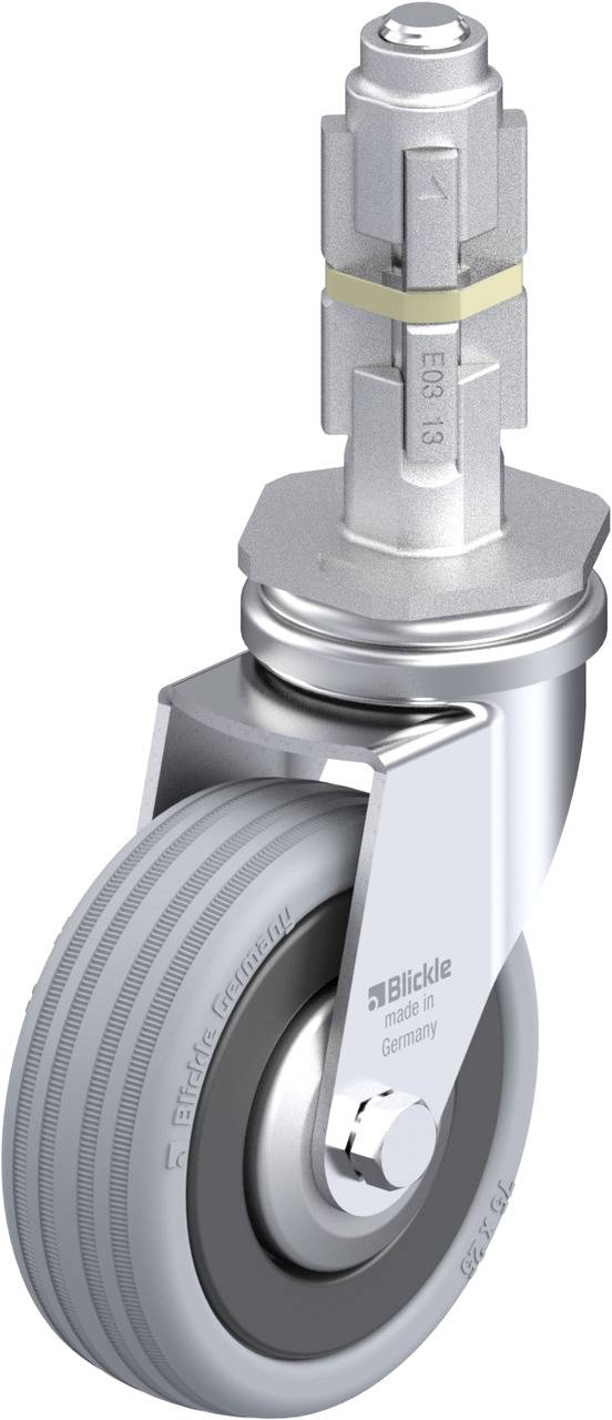 Industrie-Lenkrolle mit grauem Rad und Metallbefestigung, geeignet für Maschinen oder Möbel. Herstellername und Modellnummer sind sichtbar.