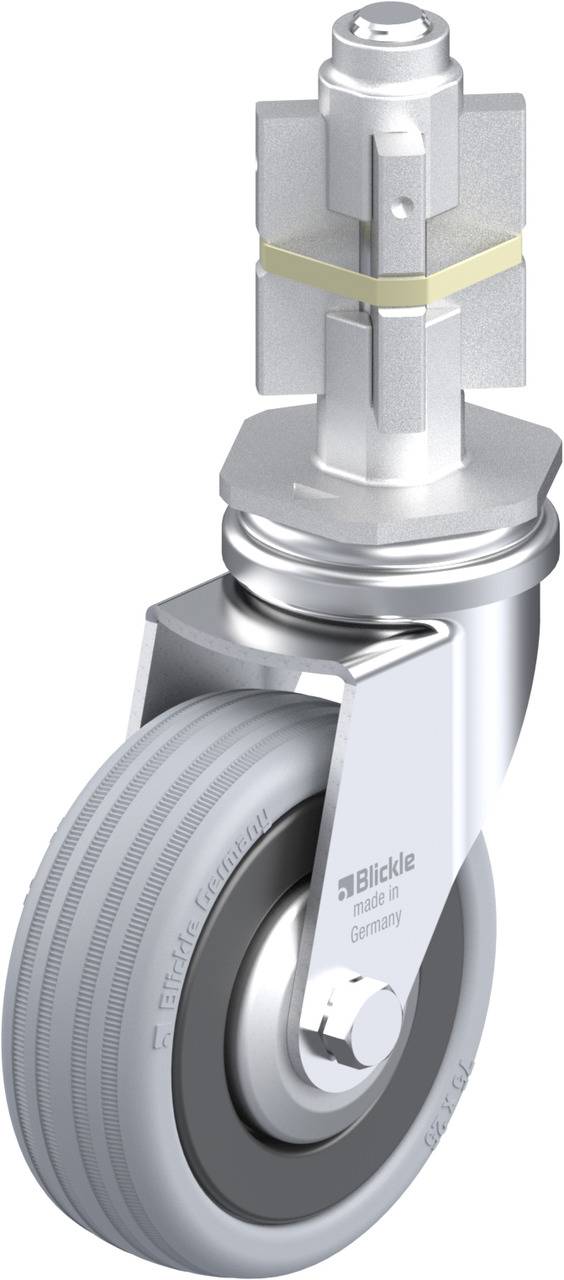 Schwenkrolle mit grauem Gummirad, Metallhalterung und Befestigungsbolzen. Geeignet für Möbel oder Geräte.