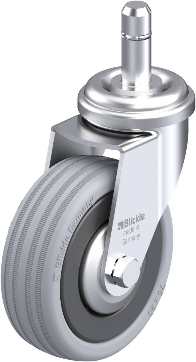 Graue Lenkrolle mit Halterung und Zylinderstift oben, geeignet für Transportgeräte. Auf der Seitenfläche steht 'Blickle made in Germany'.