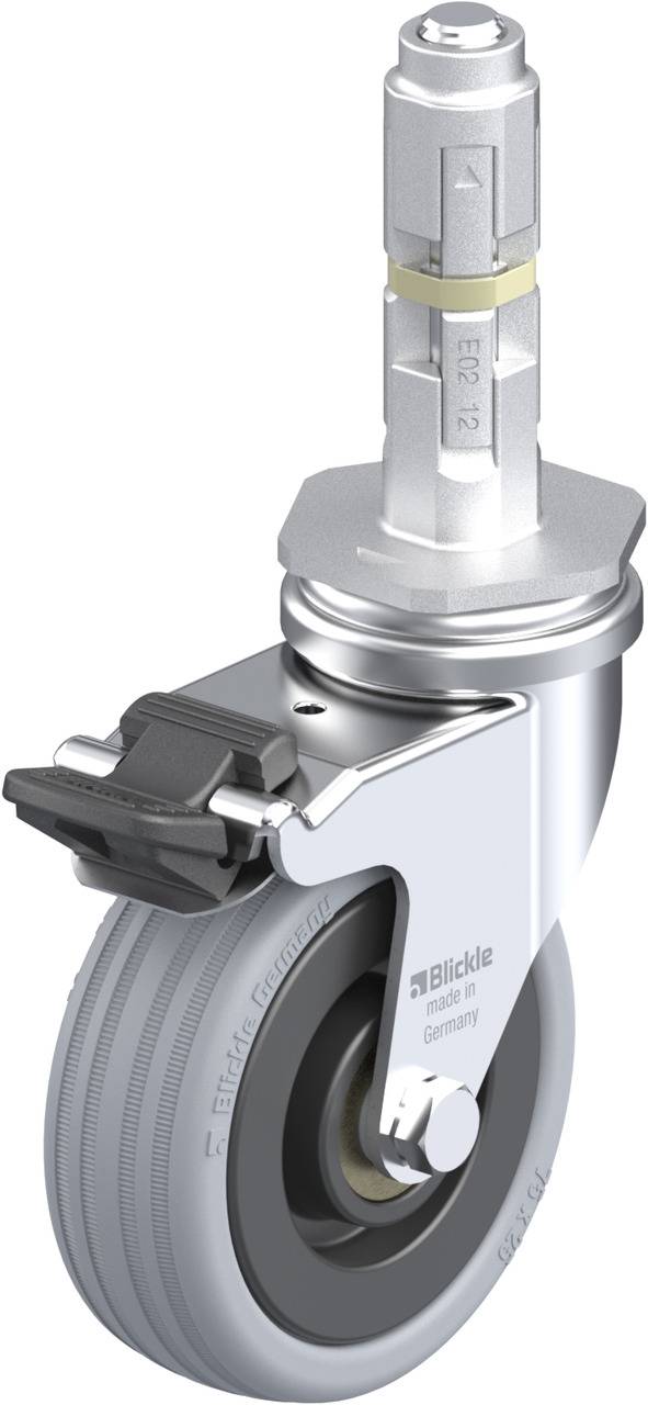 Metallrolle mit grauem Gummi, Bremse und Stahlstift, geeignet für industrielle Anwendungen.