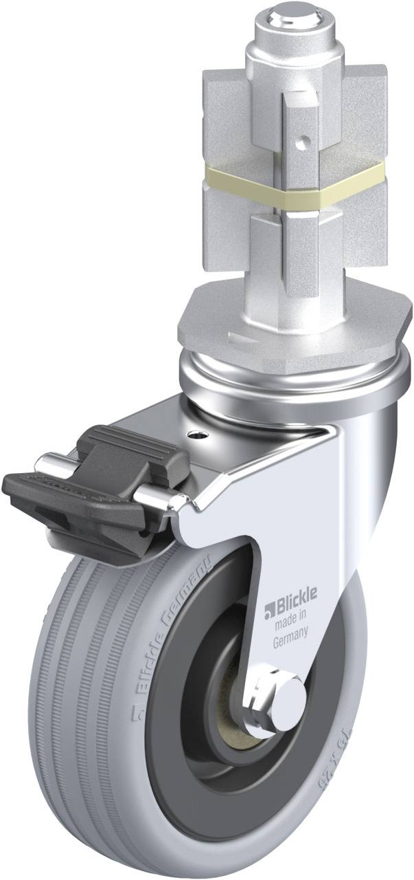 Metallenes Lenkrolle mit grauem Rad, Bremse und Montagevorrichtung aus Edelstahl.