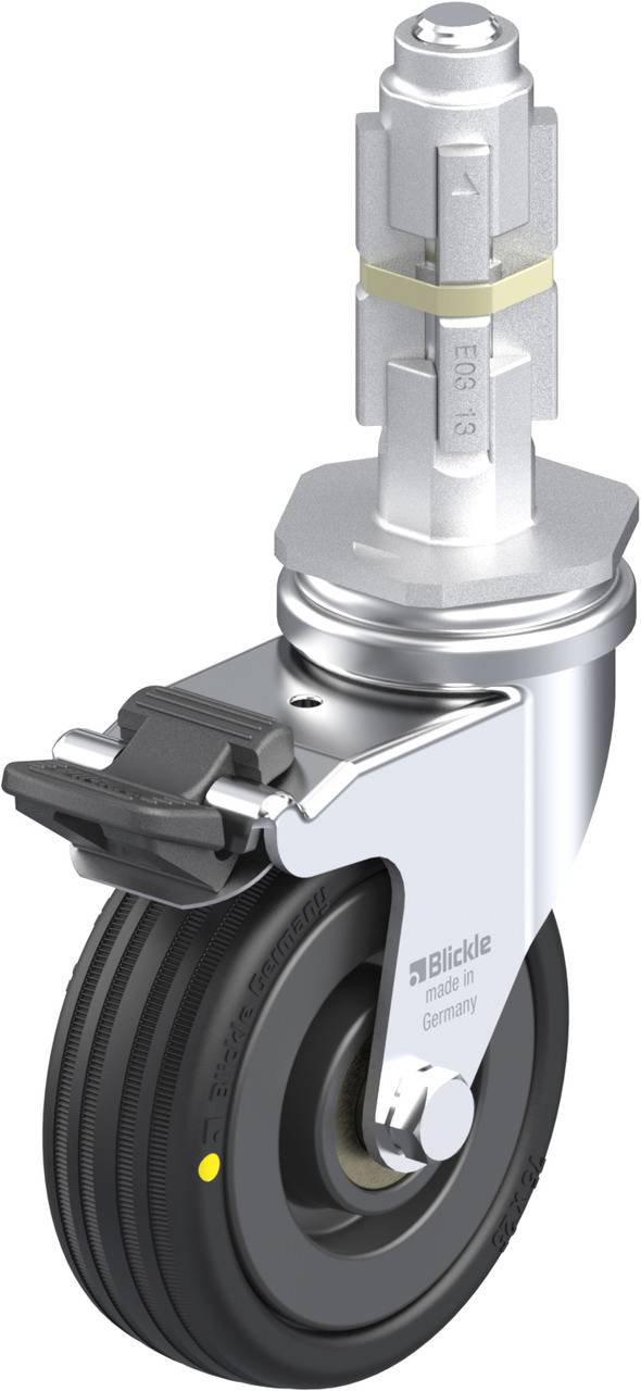 Industrie-Rolle mit Bremse, schwarz-graues Rad, Metallgehäuse und Montagestift oben. Geeignet für schwere Lasten und industriellen Gebrauch.