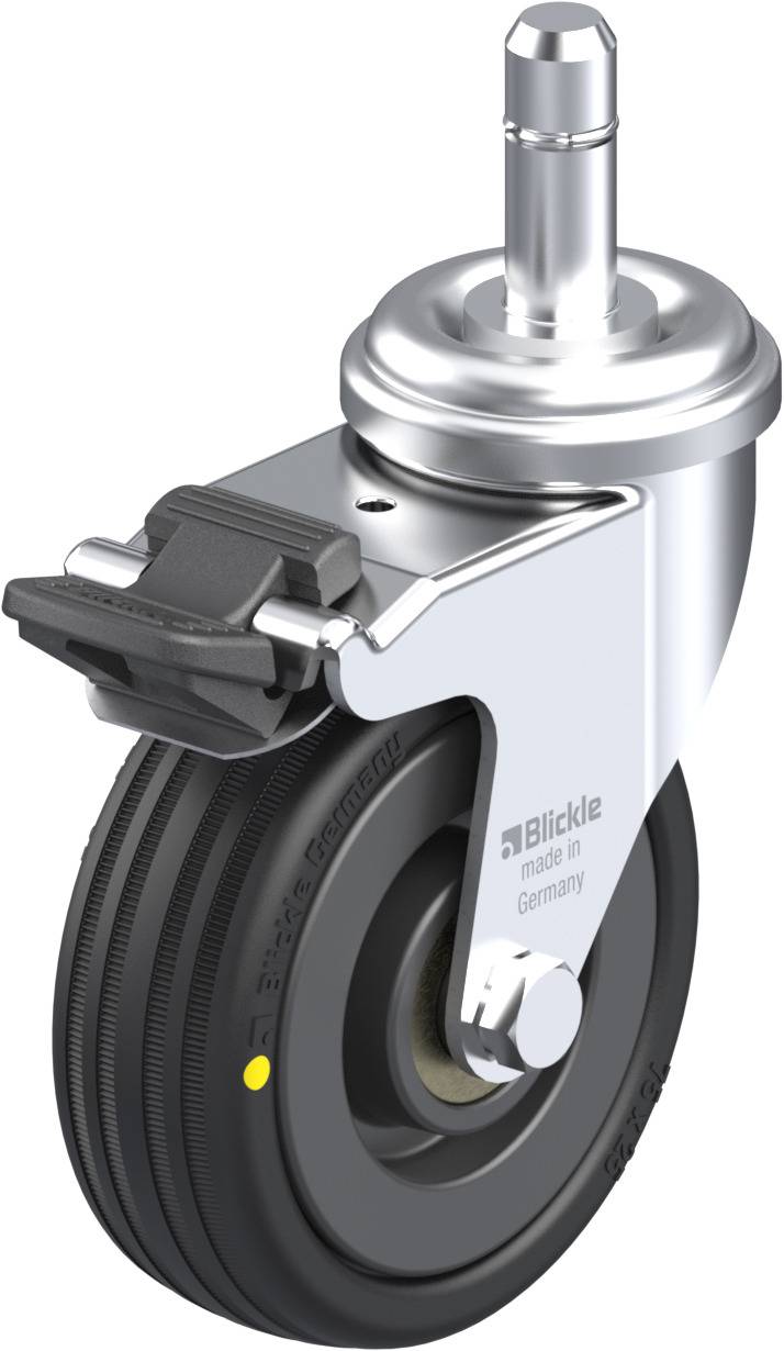 Metall-Rollenhalterung mit schwarzem Rad. Silberner Stift oben. Geeignet für den Einsatz an Möbeln oder Transportgeräten.
