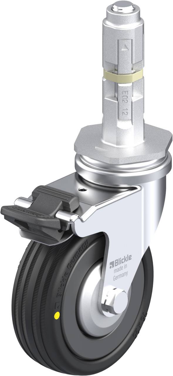 Schwenkrolle mit schwarzem Rad und Befestigungsstange. Aufdruck zeigt 'Blickle'. Enthält Bremsmechanismus. Geeignet für Transportwagen.