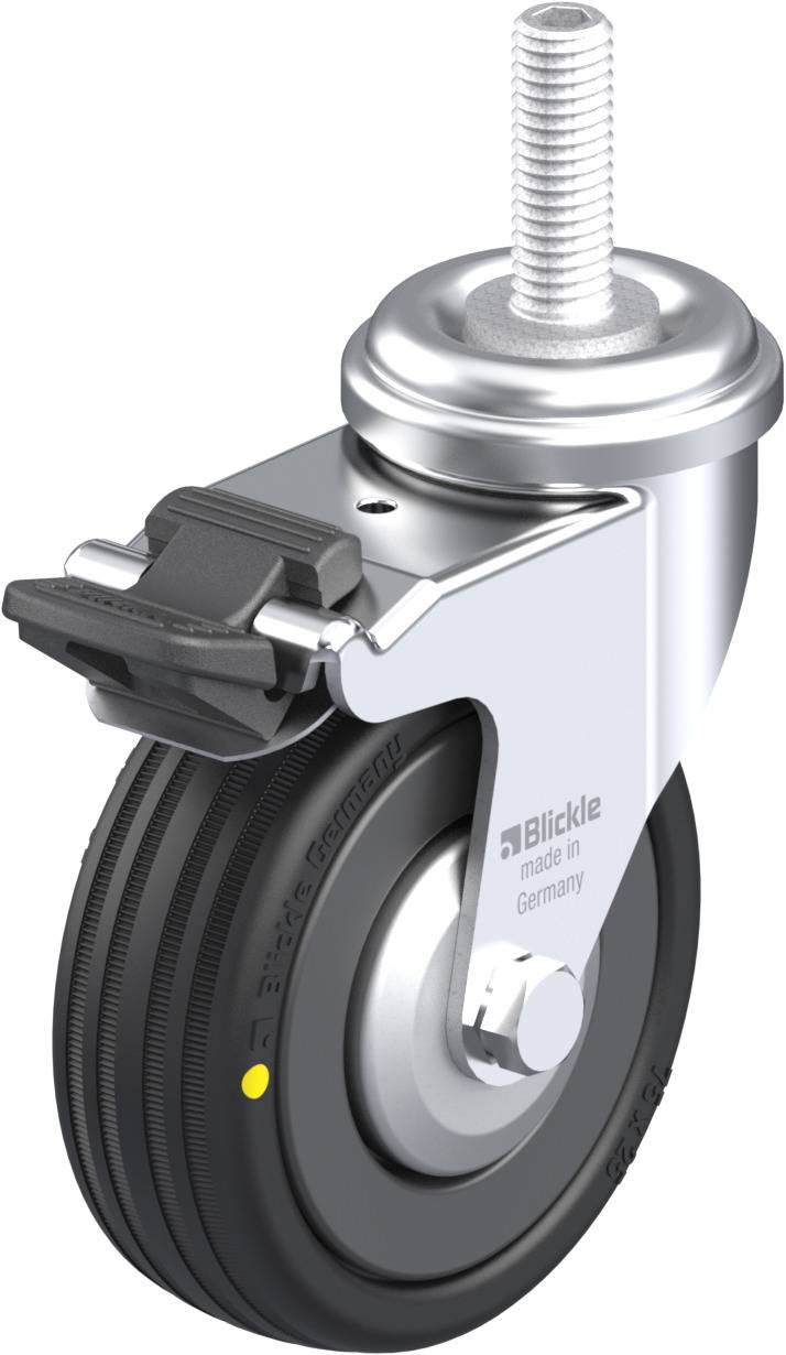 Industrielle Schwenkrolle aus Metall mit schwarzem Rad und Bremse, hergestellt in Deutschland.