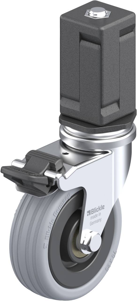 Industrielle Laufrolle aus Metall und Gummi mit Befestigungsmontage oben.