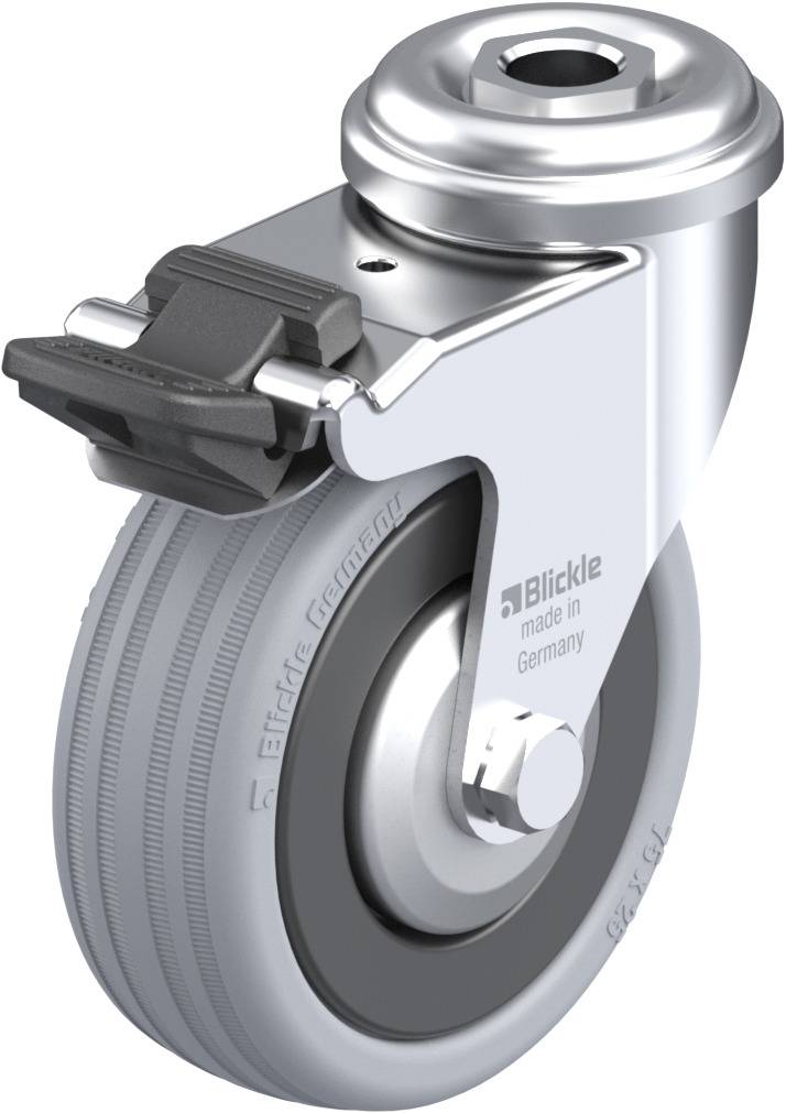 Ein graues Lenkrolle mit Bremse, silbernem Gehäuse und der Aufschrift 'Blickle made in Germany'.