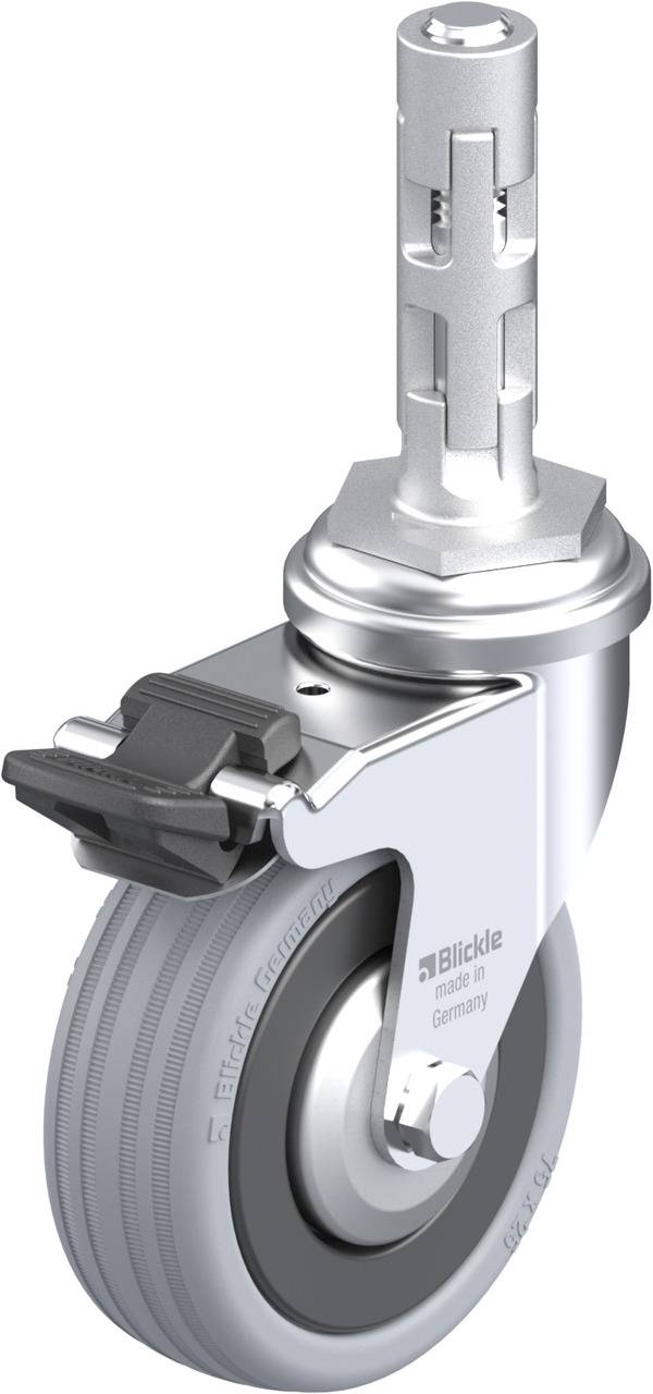 Lenkrolle mit feststellbarem Rad, geeignet für Möbel. Silbernes Gehäuse, graues gummiertes Rad, schwarzer Feststellhebel.