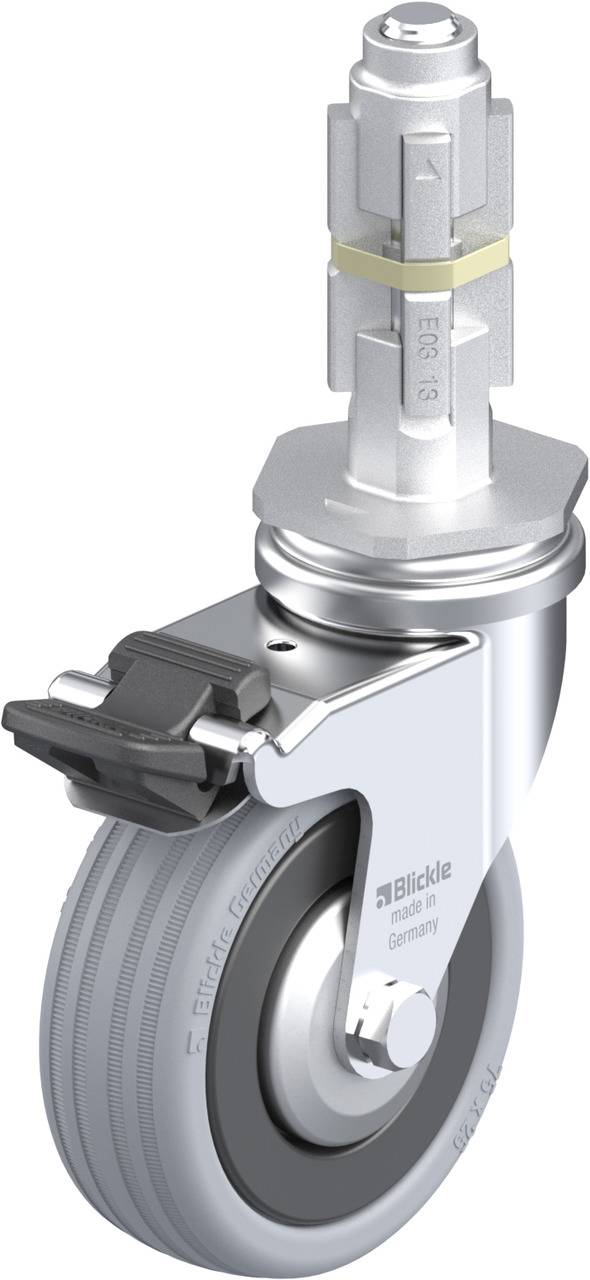 Industrie-Lenkrolle mit Bremse, graues Rad und silbernes Gehäuse, Hersteller: Blickle.