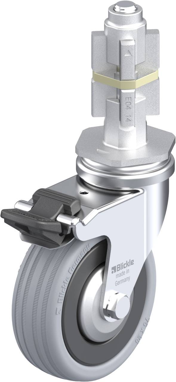 Industrie-Rolle mit Bremse, silbernes Gehäuse, grauer Gummireifen. Markenname 'Blickle' auf der Seite, stabiler Eindruck.