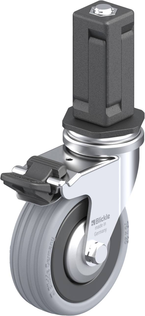 Schwenkrolle mit grauem Rad und schwarzer Halterung. Die Halterung ist sechseckig und oben mit einer Schraubenmutter versehen.