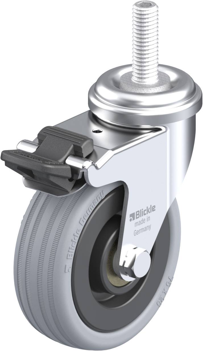 Schwenkrolle aus Metall mit grauem Gummirad und Bremssystem, geeignet für Möbel oder leichte Geräte.