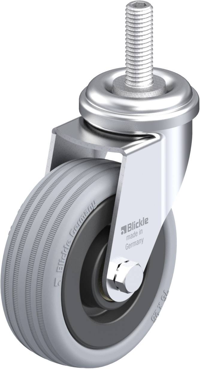 Eine graue Lenkrolle mit einem Gehäuse aus Metall und sichtbarem Gewinde oben; Aufschrift 'Blickle made in Germany'.