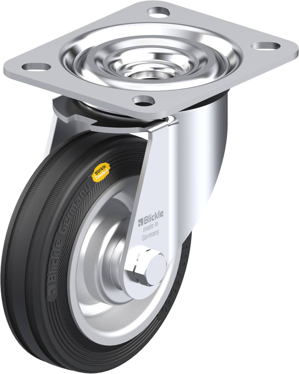 Schwenkrolle mit schwarzem Rad und silbernem Gehäuse, geeignet für industrielle Anwendungen. Rad zeigt Markennamen und Herkunftsland.