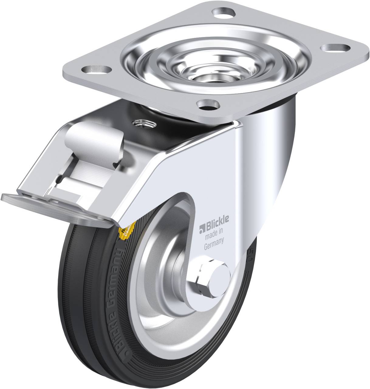 Metall-Rollenrad mit schwarzem Reifen und Befestigungsplatte. Aufschrift 'Blickle made in Germany'. Steht für Stabilität und Beweglichkeit.