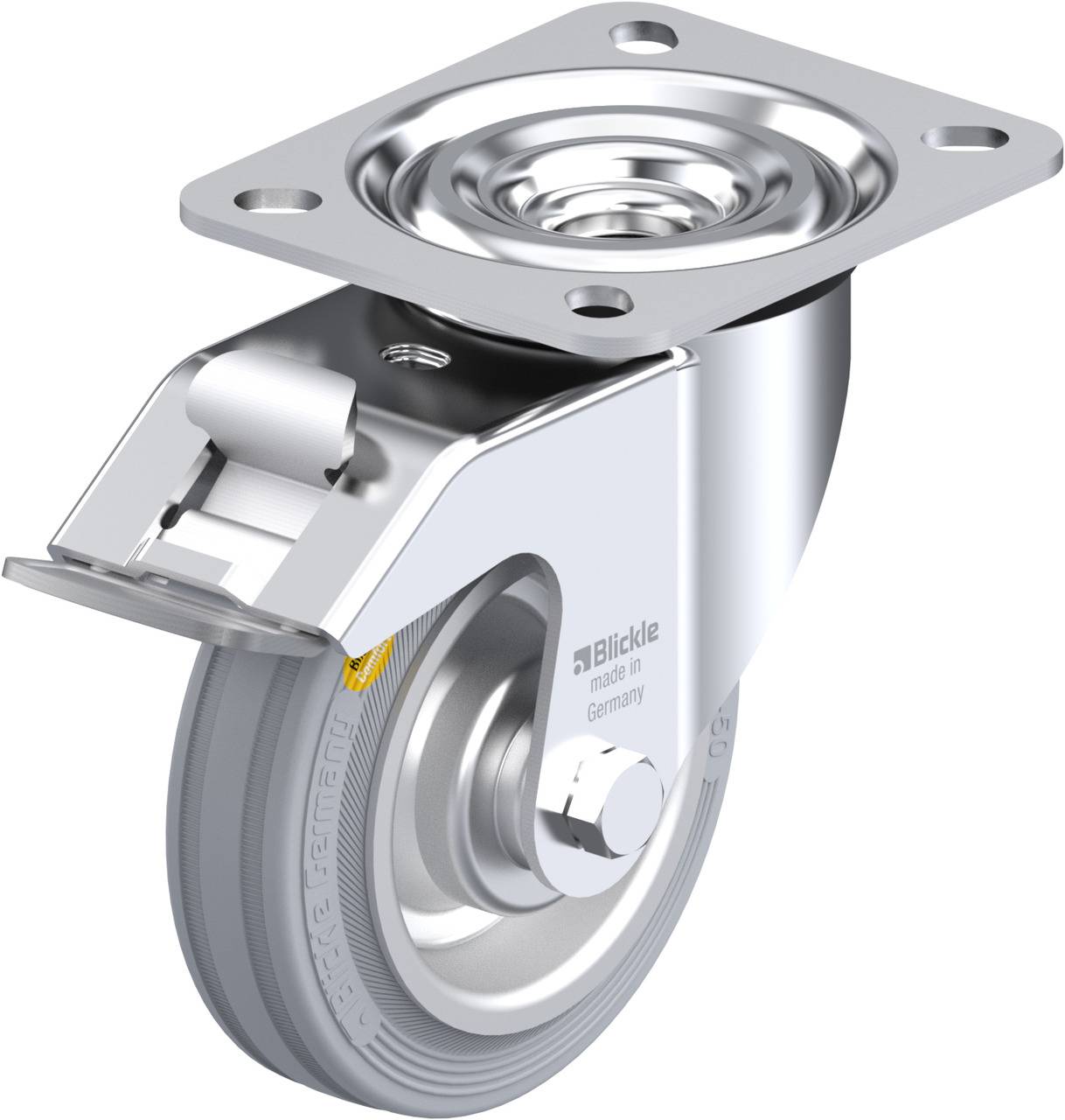 Schwenkrolle aus Metall mit grauem Kunststoff-Rad, montiert auf einer rechteckigen Grundplatte. Geeignet für Möbel oder Transportwagen.