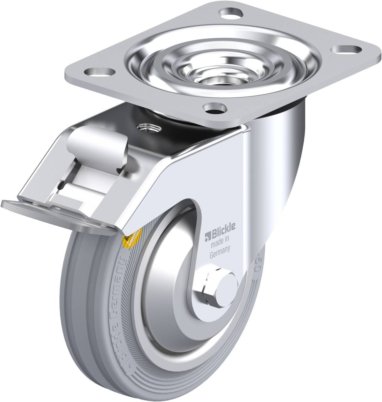 Metallisches Lenkrollenrad mit grauem Gummireifen und Befestigungsplatte, geeignet für Möbel oder Geräte.