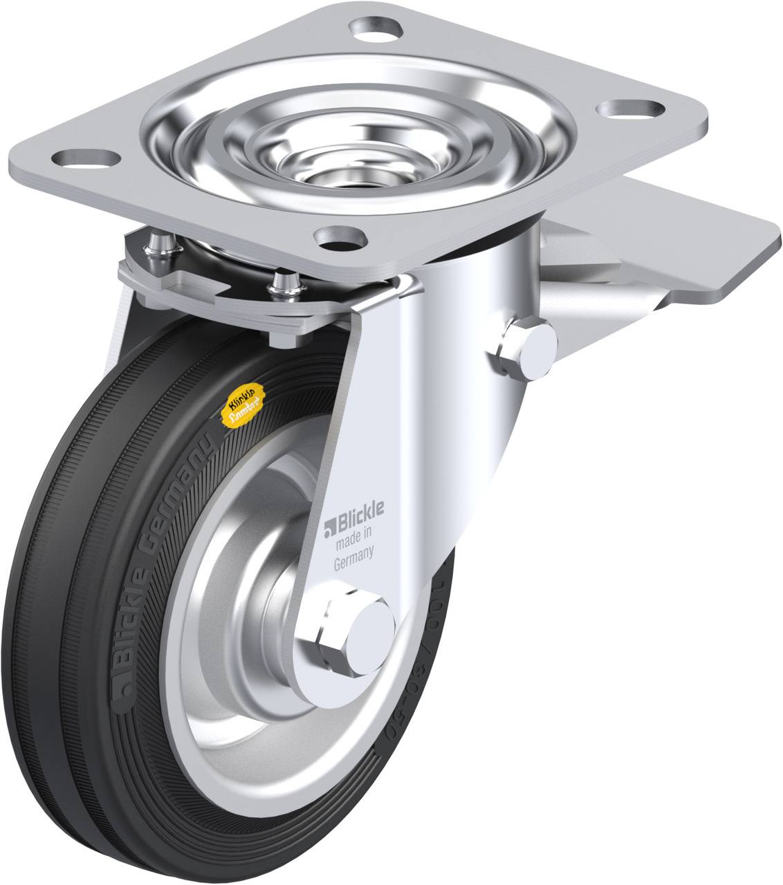 Industrie-Lenkrolle mit Metallgehäuse und schwarzem Rad aus Gummi. Geeignet für schwere Lasten. Markenname 'Blickle' sichtbar.