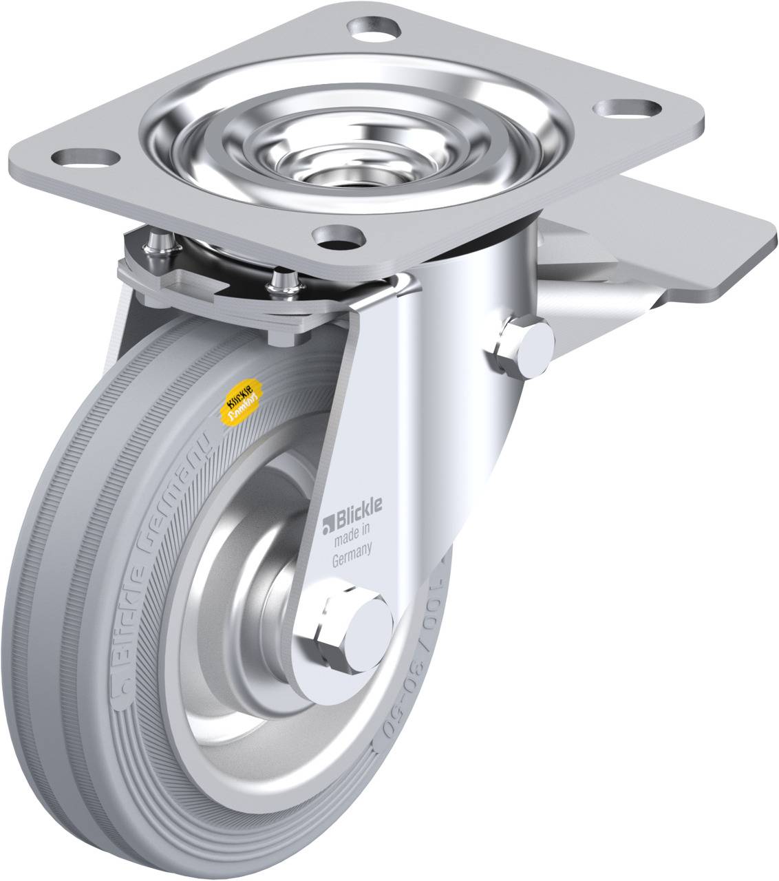 Metallrolle mit Gummireifen und drehbarer Halterung, geeignet für industrielle Anwendungen. Markierung 'Blickle Germany' sichtbar.