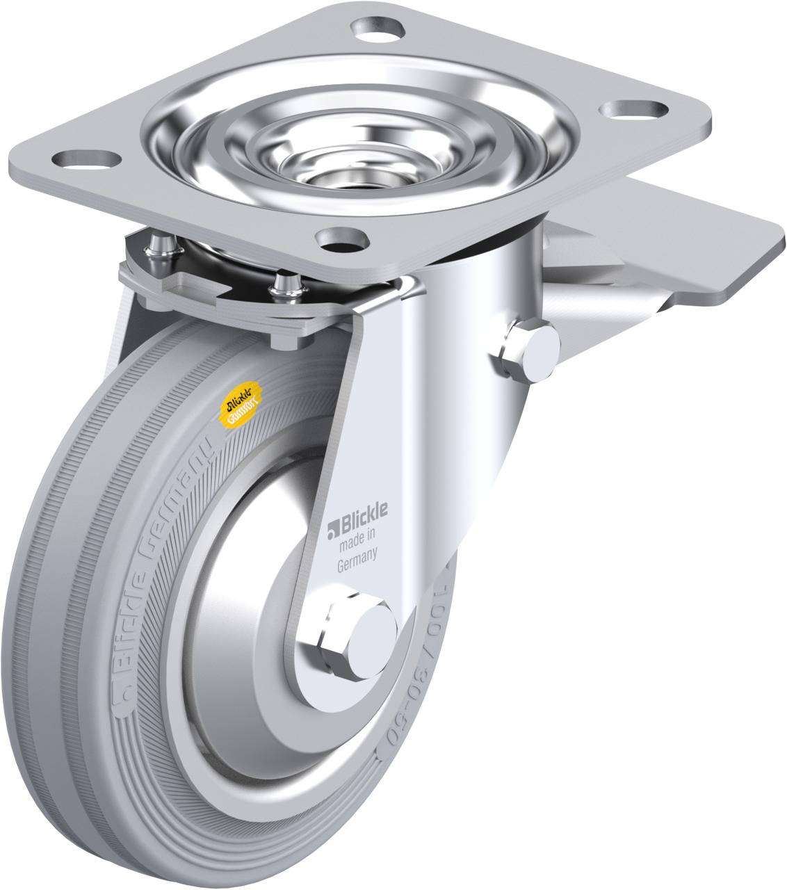 Lenkrolle aus Metall mit Gummirad, montiert an einer flachen Metallplatte. Unter anderem Einsatz für Transportgeräte geeignet.